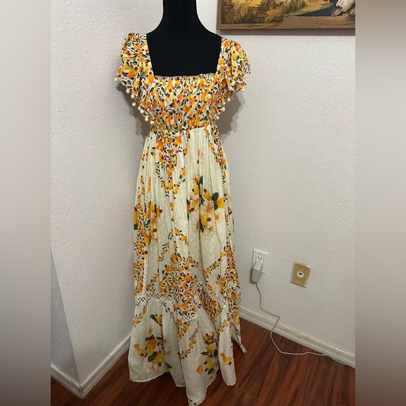 Farm Rio Cashew Ruffle Crossback Off White & Yellow Floral Maxi Dress - XS - Picture 11 of 13